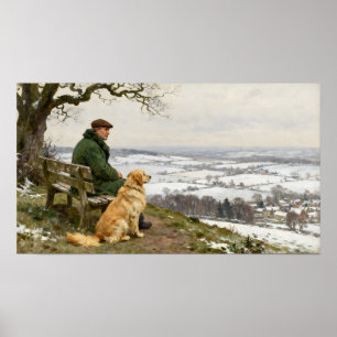 Mann und Hund genießen die winterliche Landschaft Poster