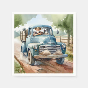 Mann und Hund im alten blauen Lkw Serviette