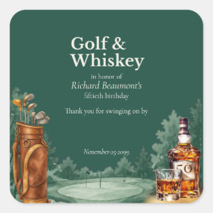 Männer-Chic-Golf- und Whiskey-Thema 50. Geburtstag Quadratischer Aufkleber