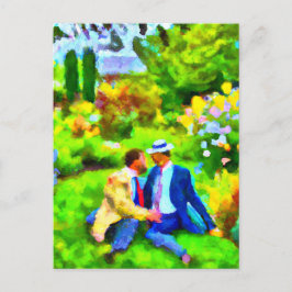 Männer in Liebe im Garten Postkarte