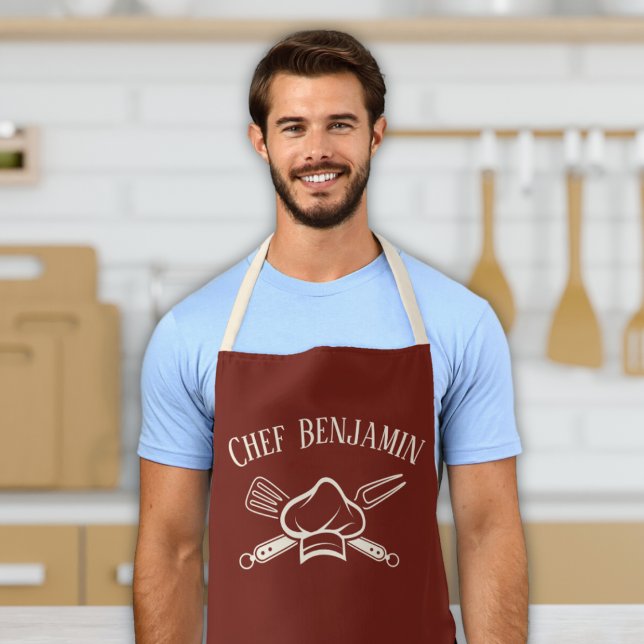 Männer Koch Individuelle Name Kochen GRILLEN Schür Schürze (Men's bbq chef apron "chef custom name" gifts for the cook, red and cream apron personalized name)