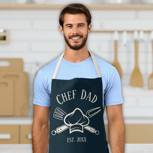 Männer Koch Individuelle Name Kochen GRILLEN Schürze ("chef dad" customizable men's apron BBQ chef hat with custom date navy blue and cream gift for men)