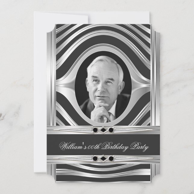 Männer-Metall-Silber aussehen schwarzes Foto Jewel Einladung (Vorderseite)