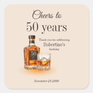 Männer 'Prost auf 50 Jahre' Whiskey-Themen-Geburts Quadratischer Aufkleber