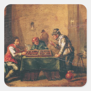 Männer spielen Backgammon in einer Taverne Quadratischer Aufkleber