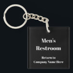 Männerrückstand: Vorlage für Firmennamen Schlüsselanhänger<br><div class="desc">Geht der Toilettenschlüssel für Ihr Büro von Zeit zu Zeit vermisst? Das Problem zu lösen ist einfach, wenn Sie einen Schlüsselanhänger mit dem Firmennamen darauf verwenden. Dieser Schlüsselanhänger ist schwarz. Es hat blassgrauen Bildschirmtext, den Sie ändern, um eine korrekte Meldung zu erstellen (Abbildung: Männerzimmer kehren hier zum Firmennamen zurück). Unser...</div>