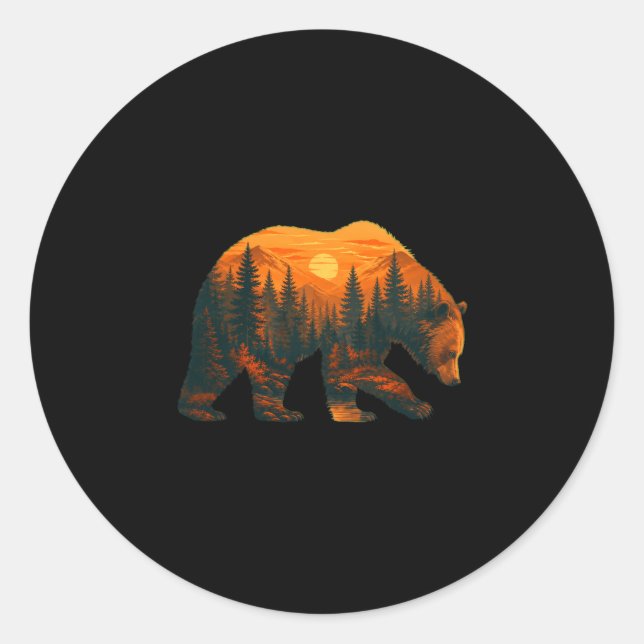 Männliche Bär-Silhouette mit Waldlandschaft und Runder Aufkleber (Vorderseite)