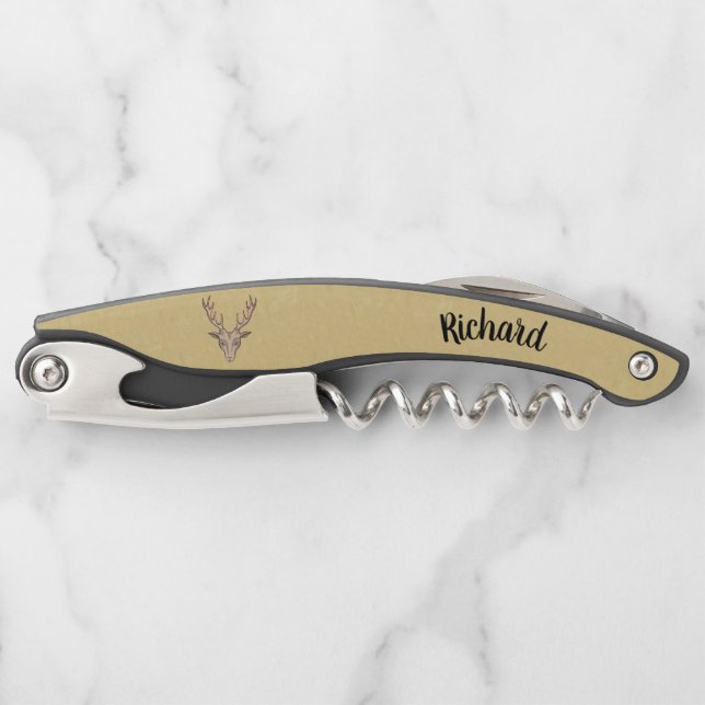 Männliche Buck Deer Head Große Antler Tan Kellnermesser (Vorderseite)