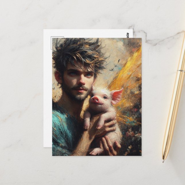 Männliche Faibe mit Baby Pig Postkarte (Vorderseite/Rückseite Beispiel)