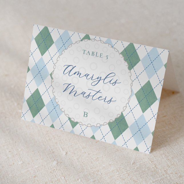 Männliche Golf-Themen-Einzelplatzkarten Tischnummer (Preppy blue and green argyle print golf ball baby shower or birthday personalized place cards )