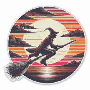 Männliche Hexe reitet Broom in der Kunst-Illustrat Aufkleber