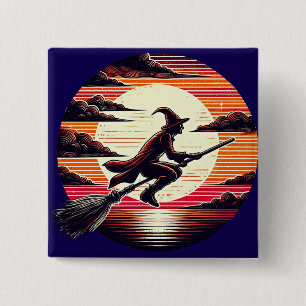 Männliche Hexe reitet Broom in der Kunst-Illustrat Button