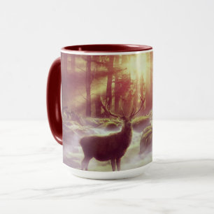 Männliche Hirsche im Misty Woods bei Sonnenaufgang Tasse