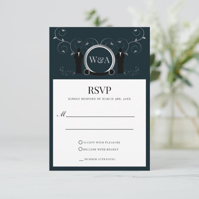 Männliche Hochzeit Silver Blue Monogram LGBTQ RSVP Karte (Stehend Vorderseite)