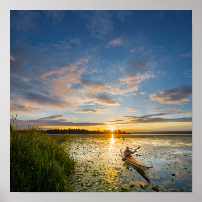 Männliche Kayaker paddling sea kayak on still wate Poster (Vorne)