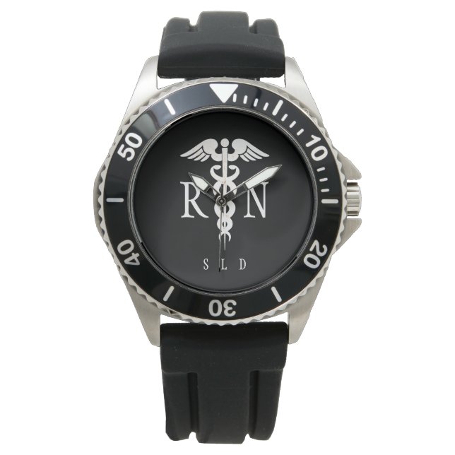 Männliche Nurse RN Monogram Second Hand Black Armbanduhr (Vorderseite)