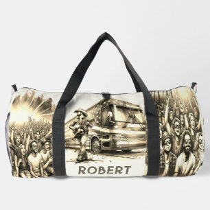 Männliche Sängerin mit Gitarre und Tour Bus kunden Duffle Bag