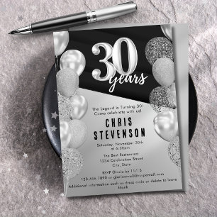 Männliche schwarze Silberballons 30. Geburtstag Einladung