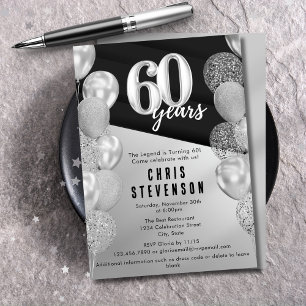 Männliche schwarze Silberballons 60. Geburtstag Einladung