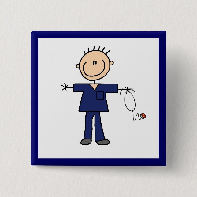 Männliche Strichmännchen-Krankenschwester - Blau Button (Vorderseite)