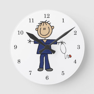 Männliche Strichmännchen-Krankenschwester mittelhe Runde Wanduhr