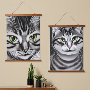 Männliche, weibliche, grüne Augen Katzen Wandteppich Mit Holzrahmen