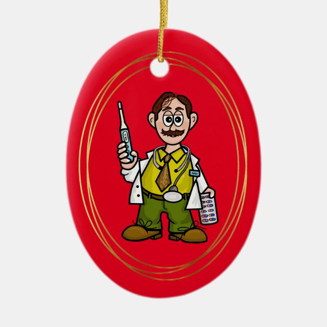 Männlicher Arzt mit Thermometer und Tabletten Orna Keramik Ornament (Vorne)