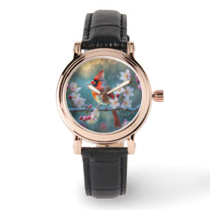 Männlicher Kardinal im Mondlicht Kirschblüten Armbanduhr