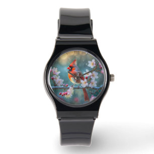 Männlicher Kardinal im Mondlicht Kirschblüten Armbanduhr