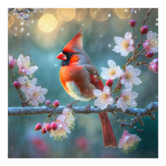 Männlicher Kardinal im Mondlicht Kirschblüten Fotodruck