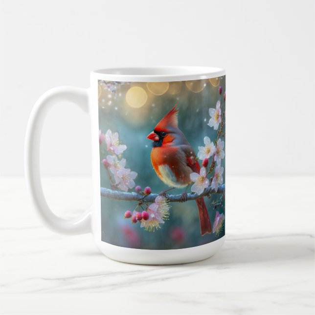Männlicher Kardinal im Mondlicht Kirschblüten Kaffeetasse (Links)