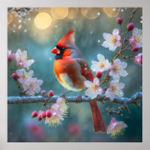 Männlicher Kardinal im Mondlicht Kirschblüten