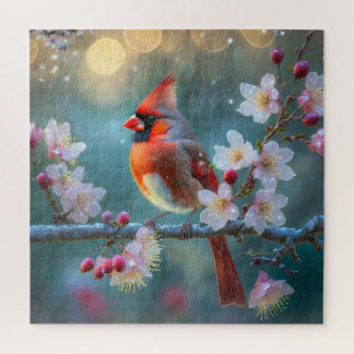 Männlicher Kardinal im Mondlicht Kirschblüten Puzzle