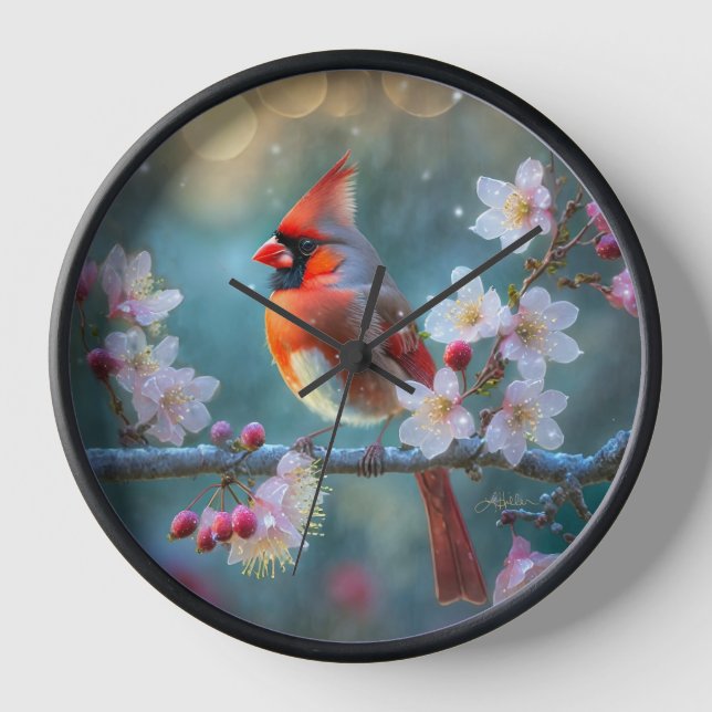 Männlicher Kardinal im Mondlicht Kirschblüten Uhr (Vorderseite)