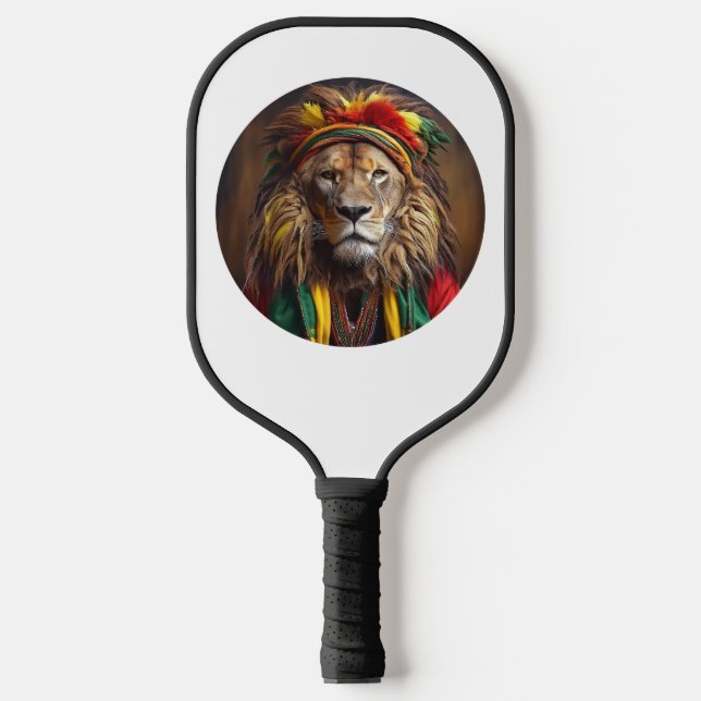 Männlicher Löwe in Rastafarian Outfit gekleidet Pickleball Schläger (Vorderseite)