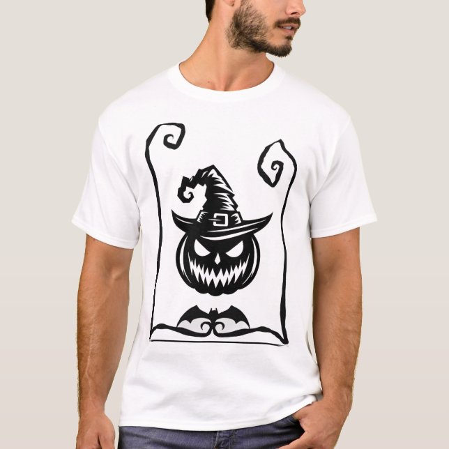 Männlicher T - Shirt mit Halloween-Kürbis und Hexe (Vorderseite)