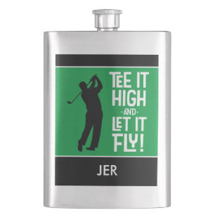 Männliches Golfer-Tee-Zitat Monogramm schwarz grün Flachmann