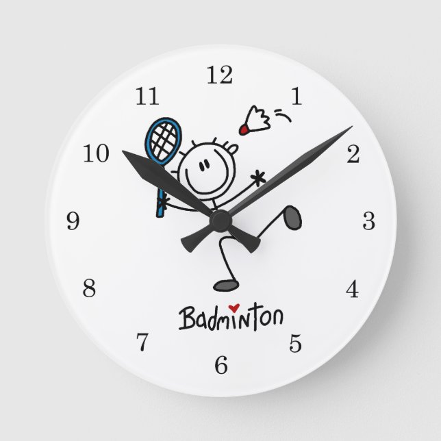 Männliches Strichmännchen Badminton Runde Wanduhr (Vorderseite)