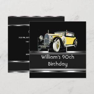 Manns 90. Geburtstagsfeier schwarzes Vintage-Auto Einladung