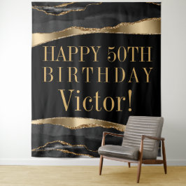 Mans Birthday Party Background Black Gold Agate Wandteppich