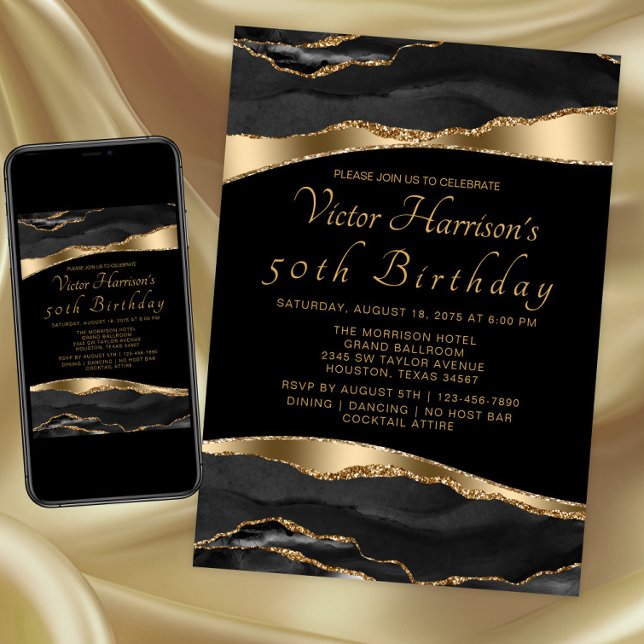 Mans Black Gold Agate Geburtstagsparty Einladung (Black and gold any event invitation. Instant download and printed invitations available.)