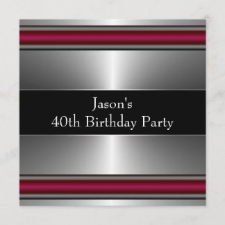 Mans Black Red Silver Classy 40. Geburtstag Party Einladung