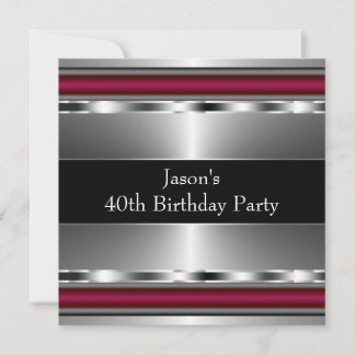 Mans Black Red Silver Classy 40. Geburtstag Party Einladung