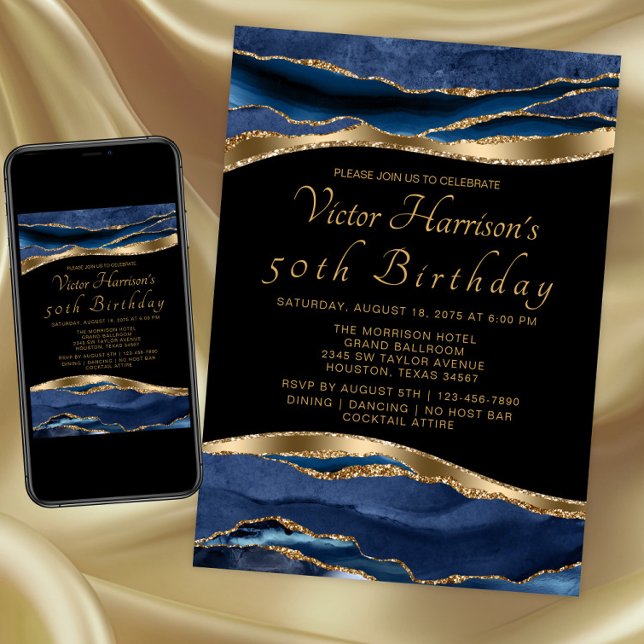 Mans Blue Gold Agate Geburtstagsparty Einladung (Blue gold any event invitation. Instant download and printed invitations available.)
