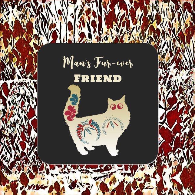 Mans Forever Friend Gold Cat Folk Art Decoration Quadratischer Aufkleber (Mans Forever Friend Gold Cat Folk Art Decorative Square Sticker)
