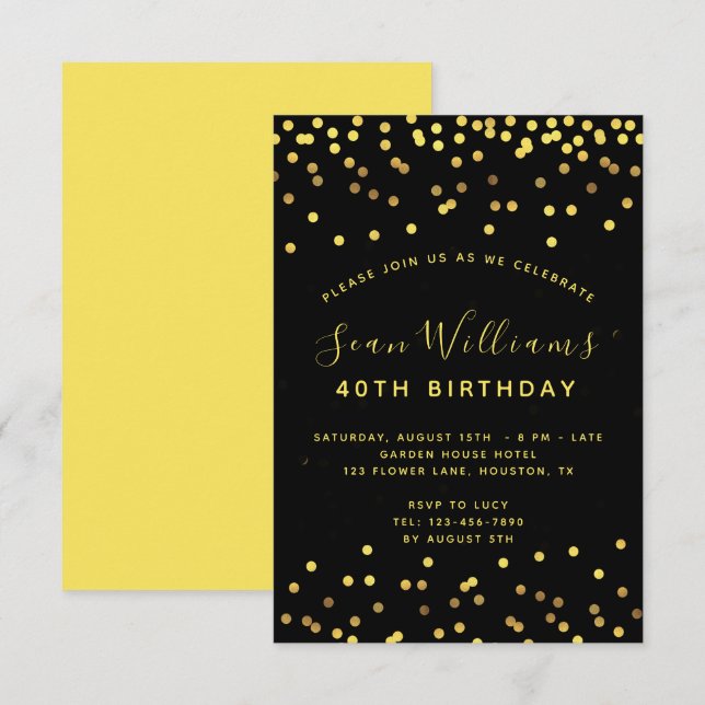 Man's Gold Confetti Geburtstagsparty Einladung (Vorne/Hinten)