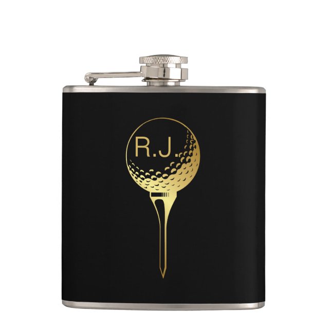 Man's Golf Monogram Black and Gold Flask Flachmann (Vorderseite)