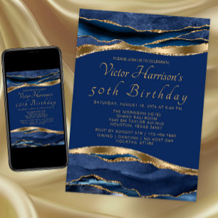 Mans Royal Blue Gold Agate Birthday Party Einladung