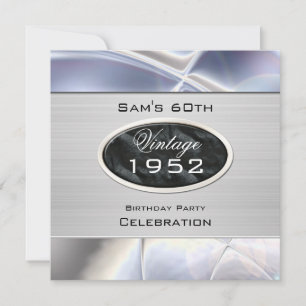 Mans Vintage 60. Silber Metall Schwarz Geburtstag Einladung