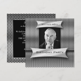 Mans Vintage 60. Silber Metall Schwarz Geburtstag Einladung